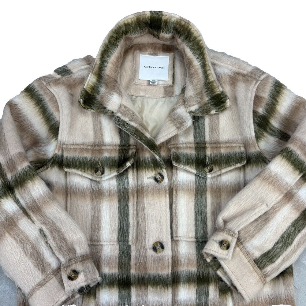 Y2k American Eagle Brushed Plaid Oversized Shacket Shaggy Jacket Size Medium M
